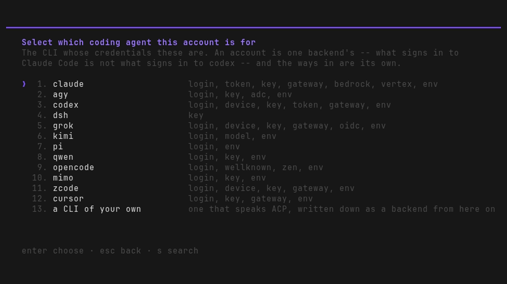the backends a new account may be for, each with its ways in, and "a CLI of your own" last on
the list