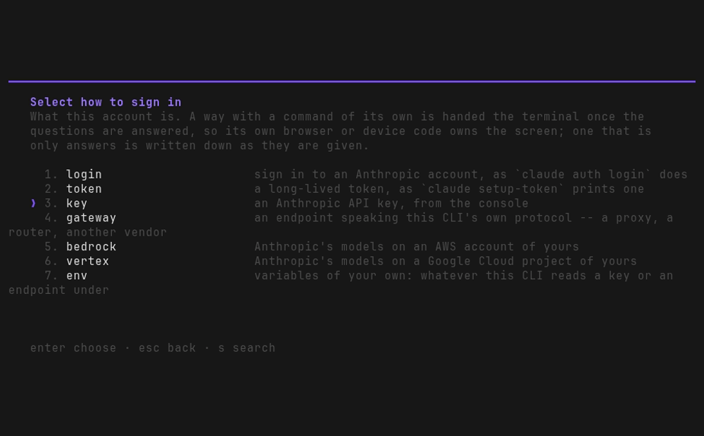 /providers, a, claude, key: an account named and its key typed as bullets, then the question
of which other backends to write it down for