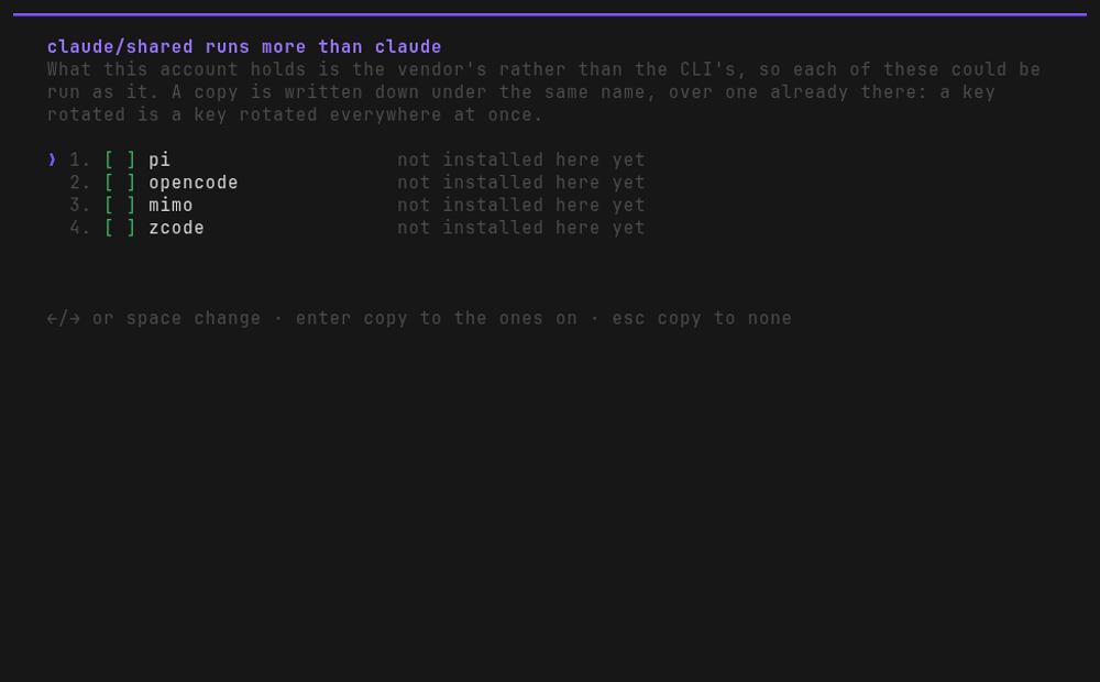 the question after claude/shared is made: pi, opencode, mimo and zcode, each marked not
installed here yet and each switched off