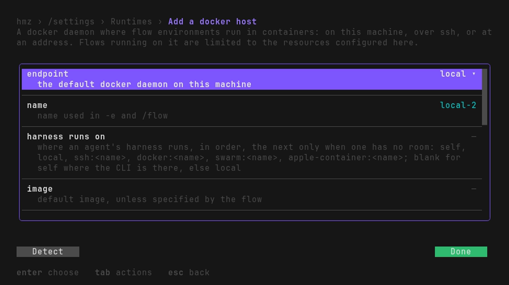 add a docker host: the endpoint picked from a list, the name written in for you, and
what it may hand out last, each line about it kept in its column