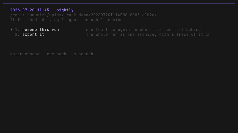 Inside one run: its directory, how it went and how much it opened, over resume this run and
export it
