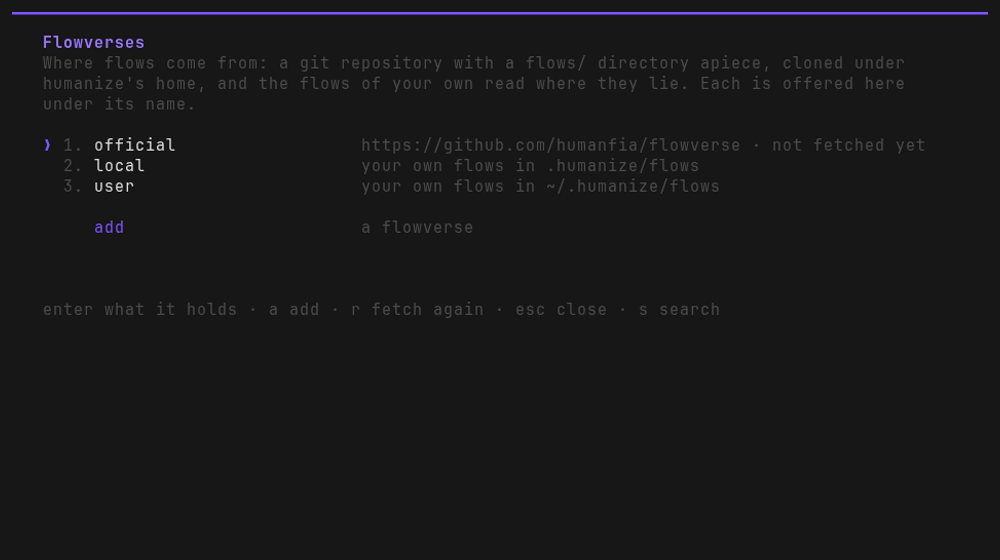 The /flowverses list: official, which holds from the package and, at its GitHub URL,
the rest — marked as not fetched yet