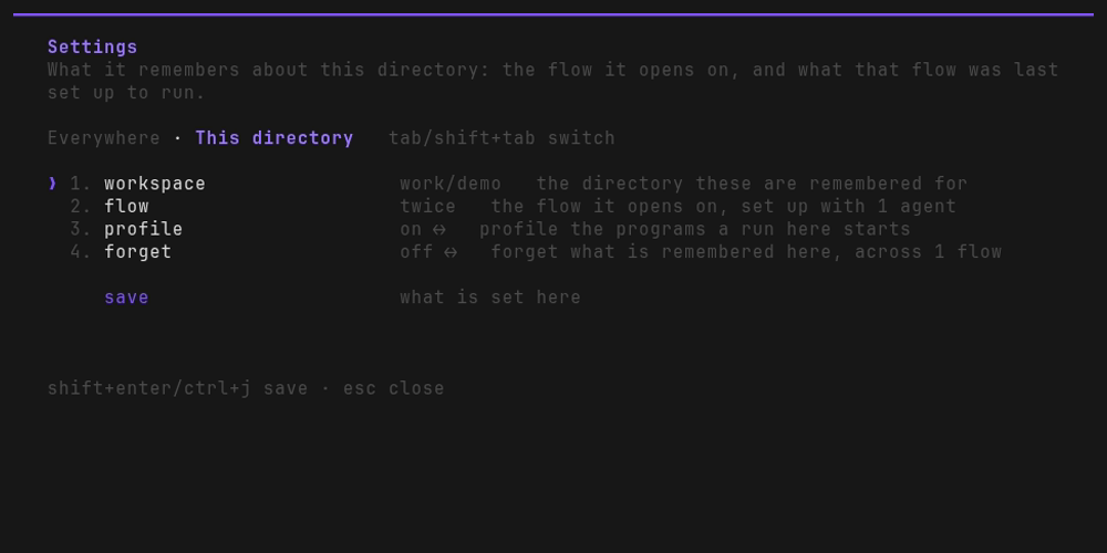 the /settings page for this directory, with the profile row switched on beside workspace,
flow and forget