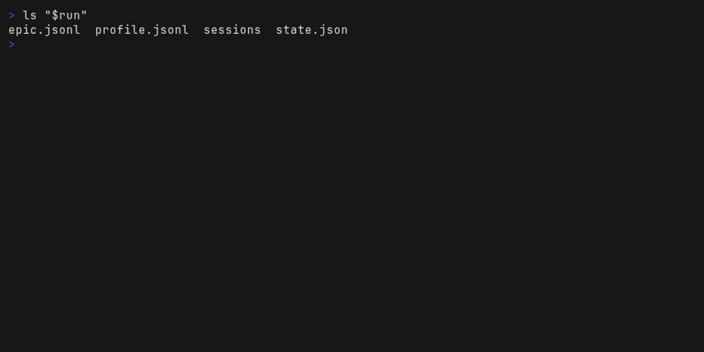 ls of one run's directory: epic.jsonl, profile.jsonl, sessions and state.json, and no traces
yet