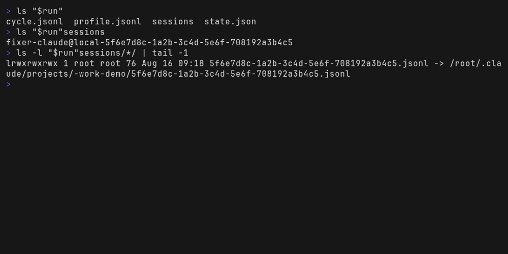 one run's sessions/ directory, its name saying agent, CLI and account, holding a symlink to
Claude Code's own log